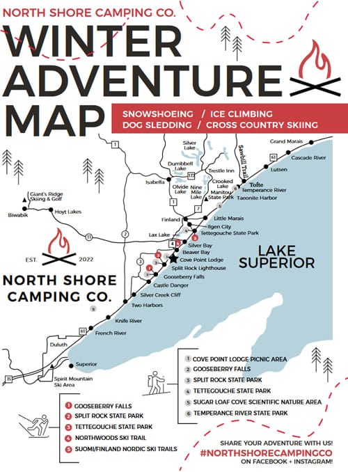 Map of North Shore winter adventure activities and trails.