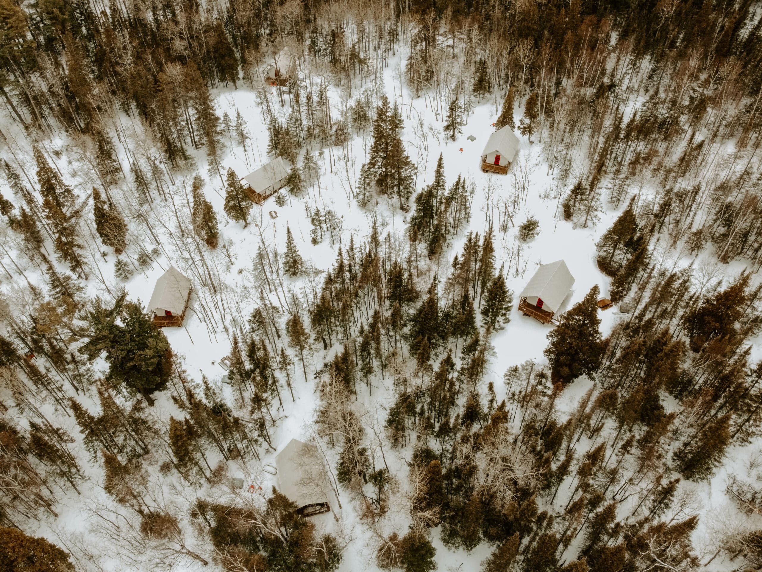 Aerial view of snowy forest with cabins.