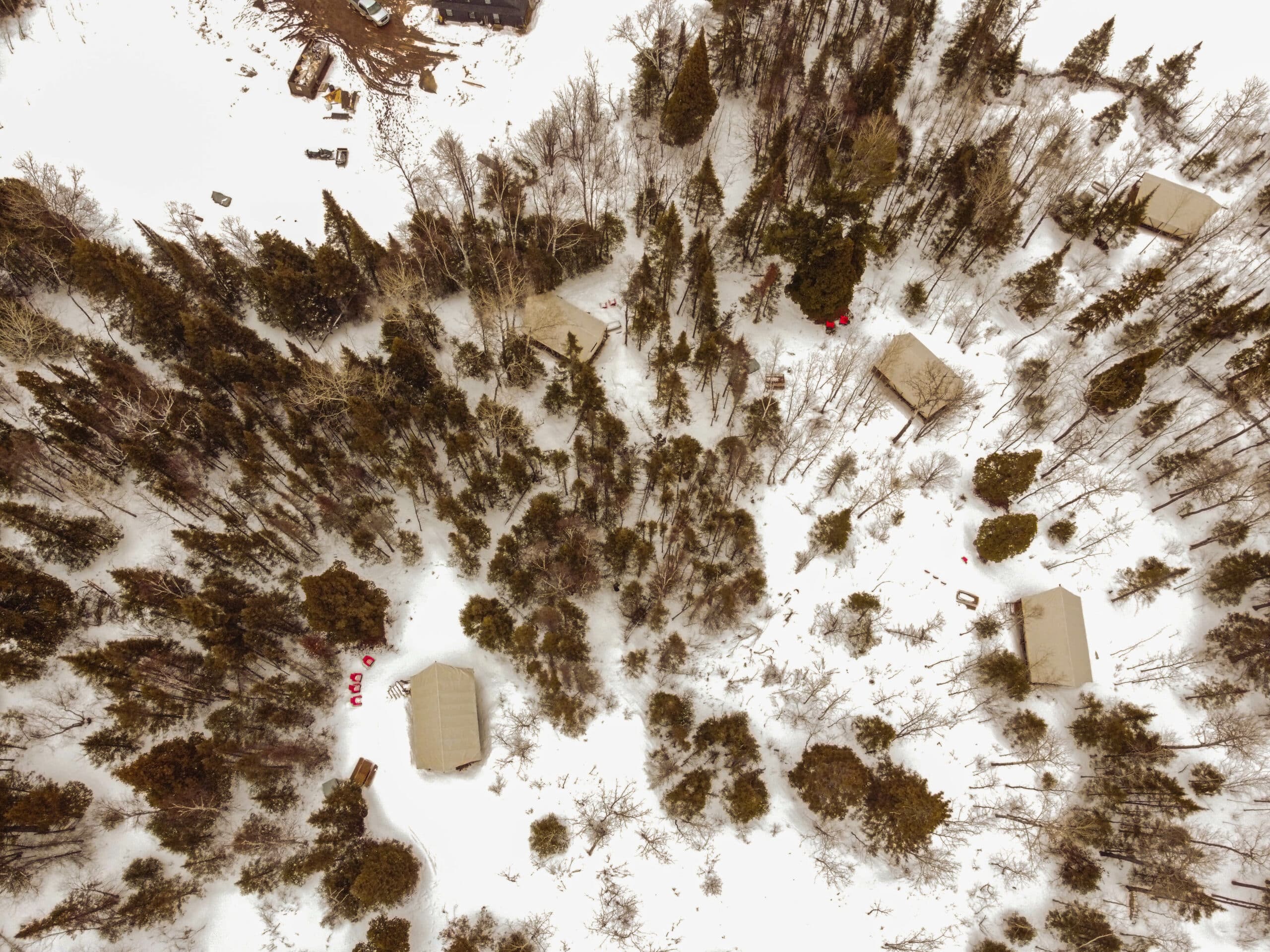 Aerial view of a snowy forest with buildings.