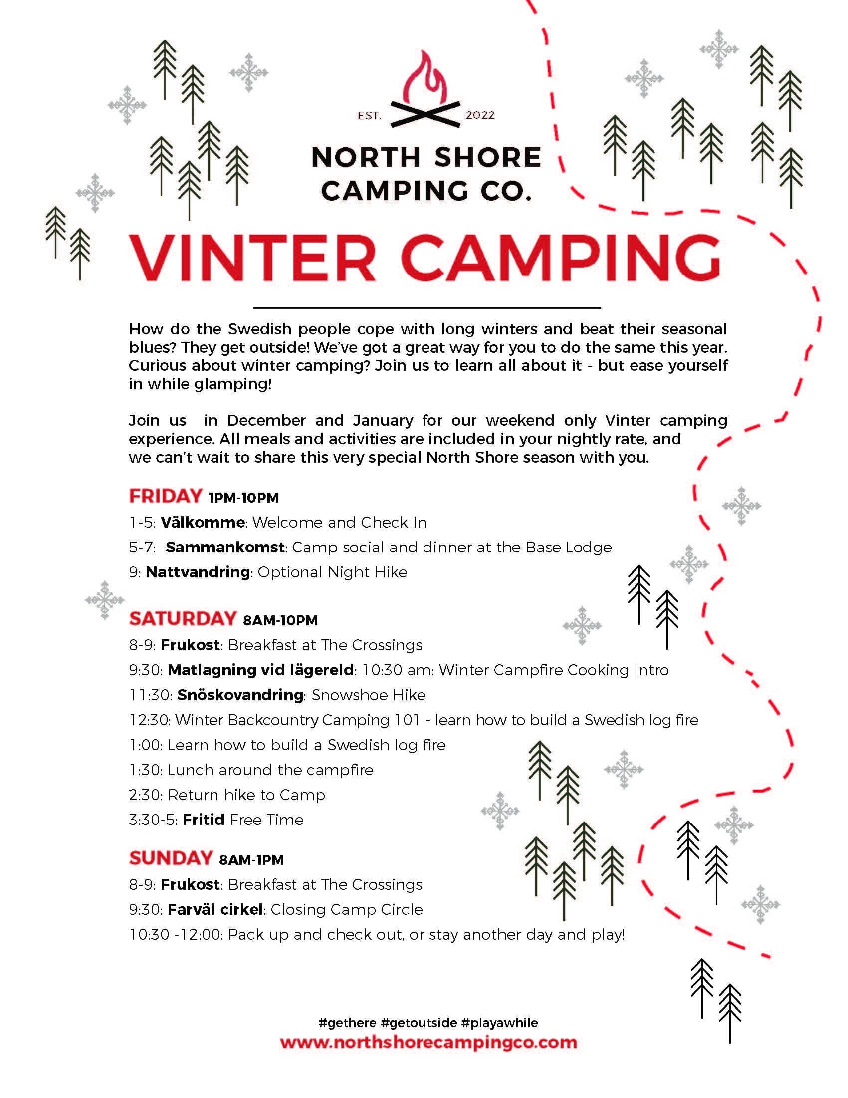 North Shore Winter Camping schedule with activities and meals.