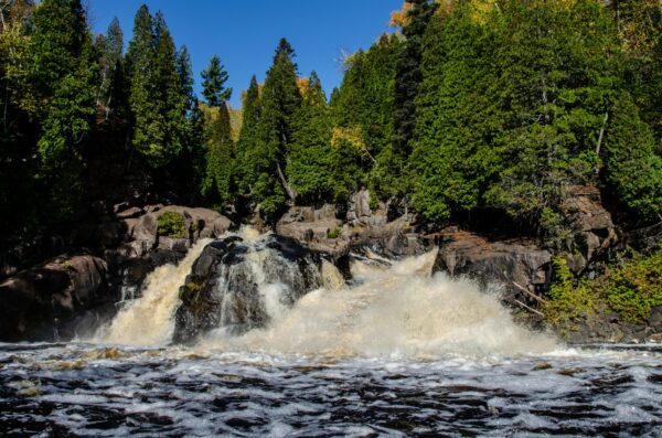 Wooded waterfall landscape in autumn sunlight.