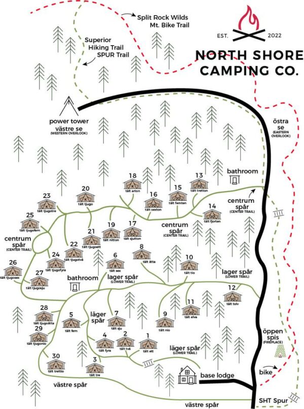 Map of North Shore Camping with trails and facilities.