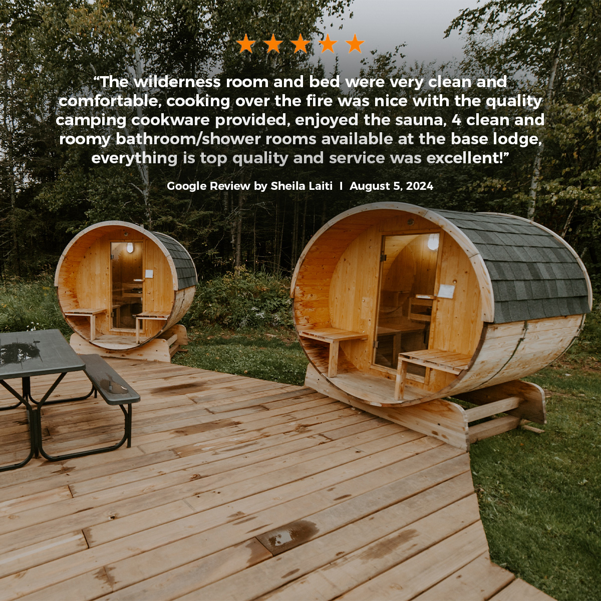 Wood barrel cabins with a Google review.