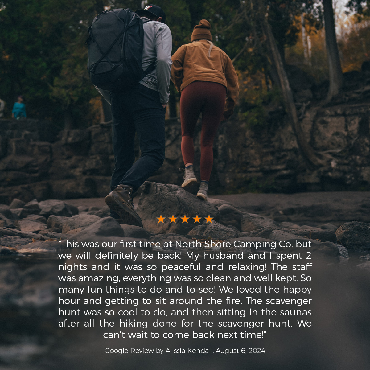 Couple hiking and camping review with five stars.