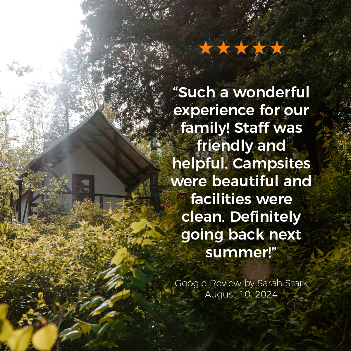 Family campsite review with forest cabin.