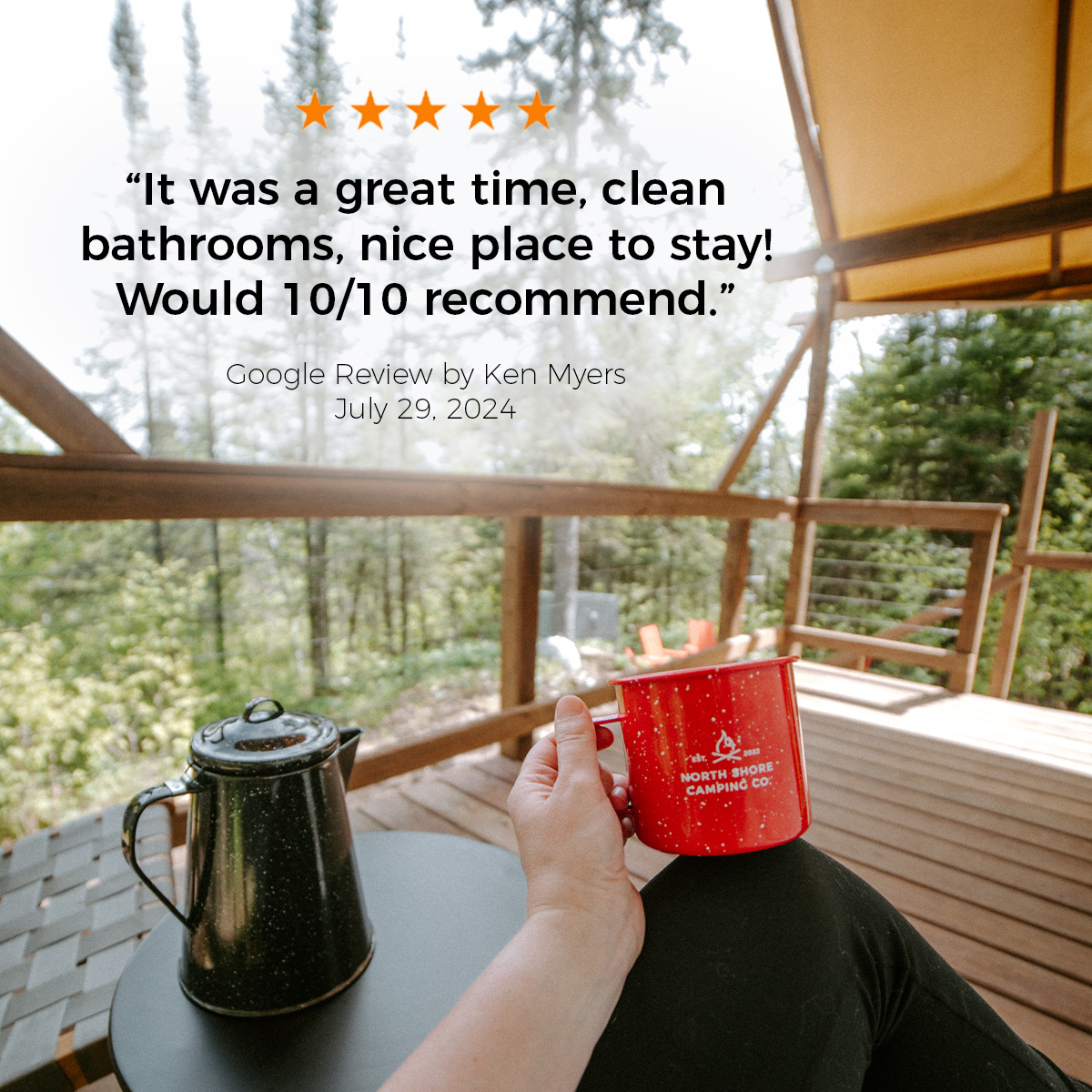 Five-star campsite review: Clean bathrooms, highly recommended.