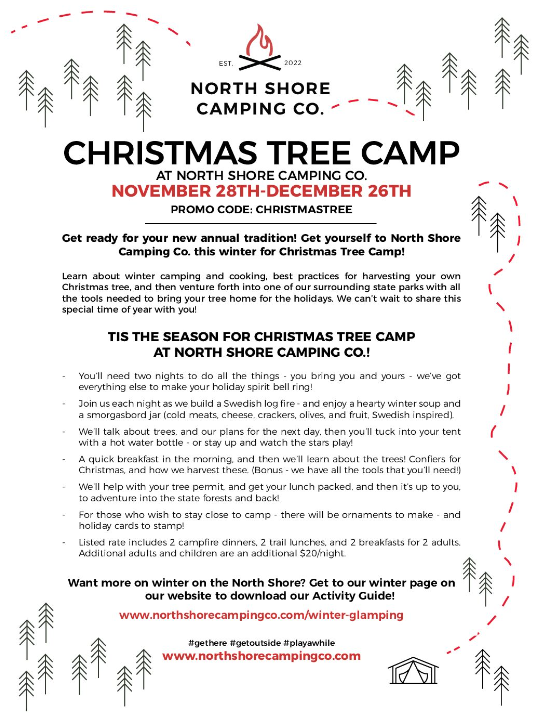 Christmas Tree Camp details, North Shore Camping Co., winter 2023