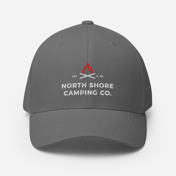 Gray cap with camping logo and text