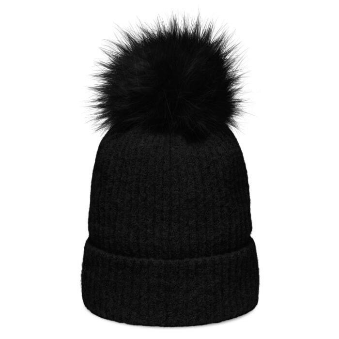 Black knit beanie with faux fur pom-pom.