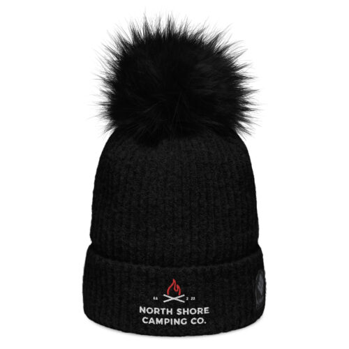 Black winter beanie with fur pom and embroidery