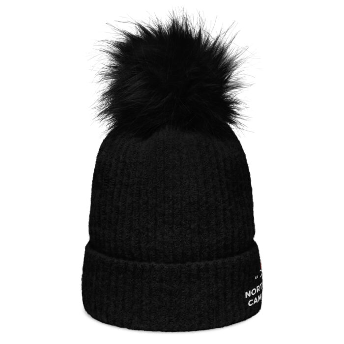 Black knit beanie with faux fur pom-pom