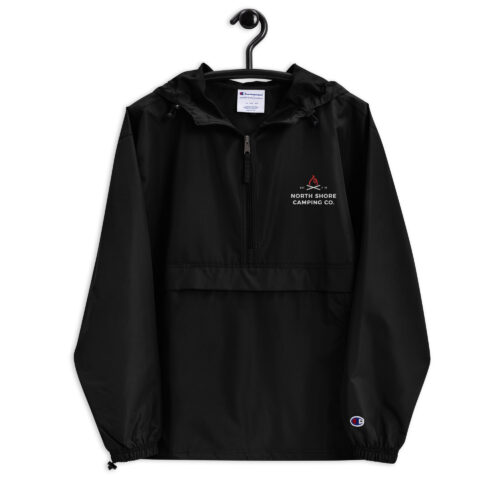 Black Champion jacket with North Shore Camping logo.