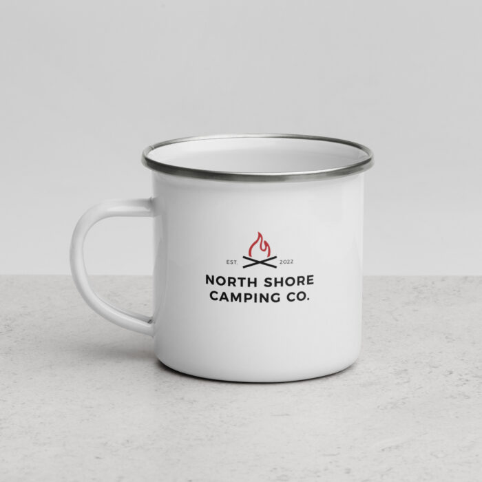 White mug with North Shore Camping Co. logo