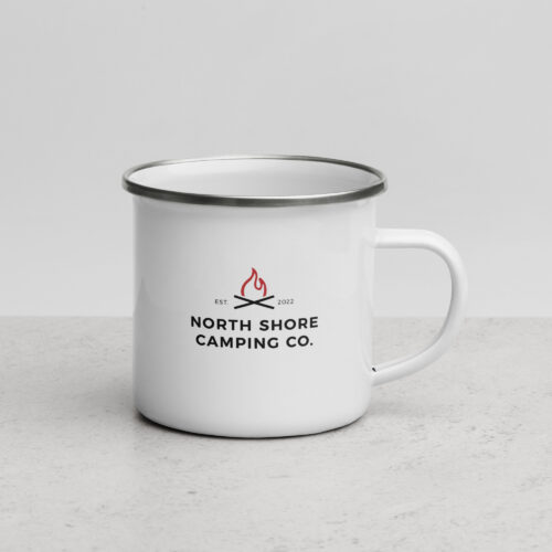 Camping mug with campfire logo and text