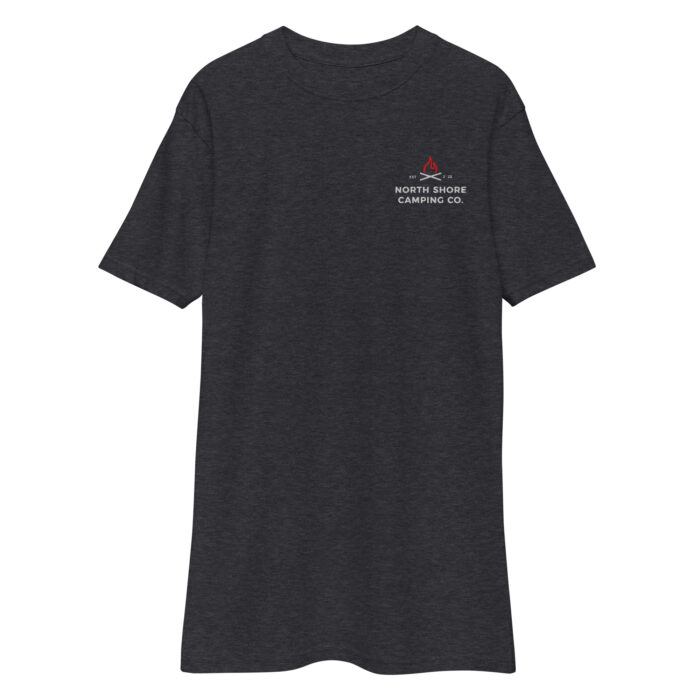 Dark tee shirt with camping logo.