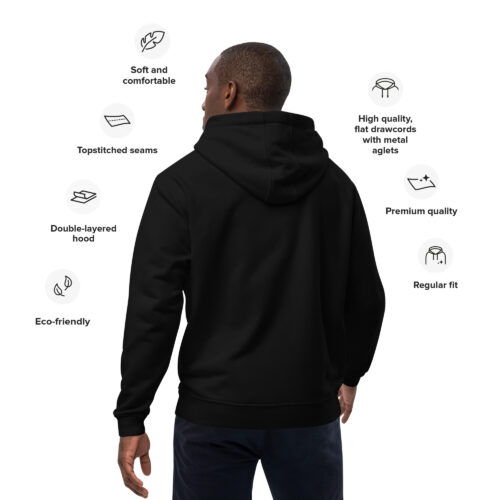 Person wearing black hoodie with comfort features highlighted.