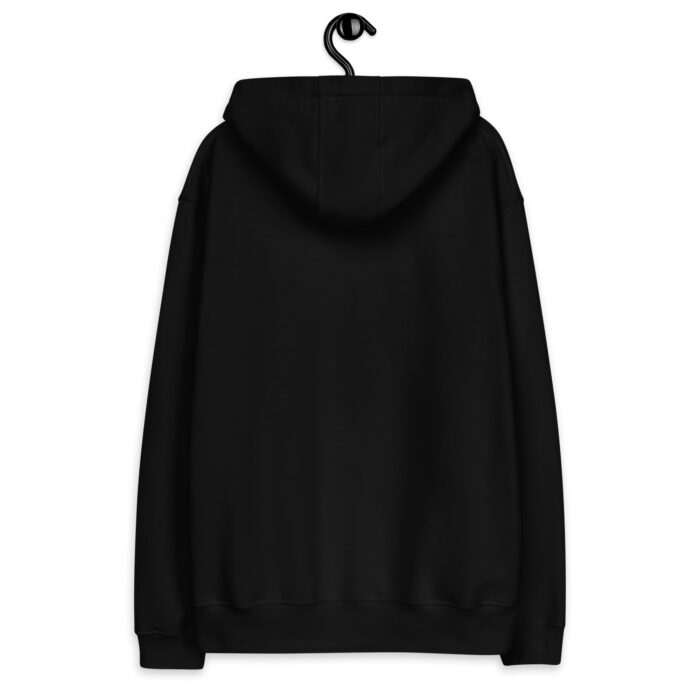 Black hoodie on hanger, back view.