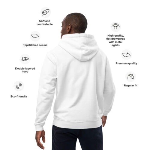 Man wearing eco-friendly white hoodie with features highlighted.