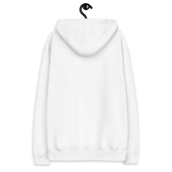 White hoodie on hanger, back view.