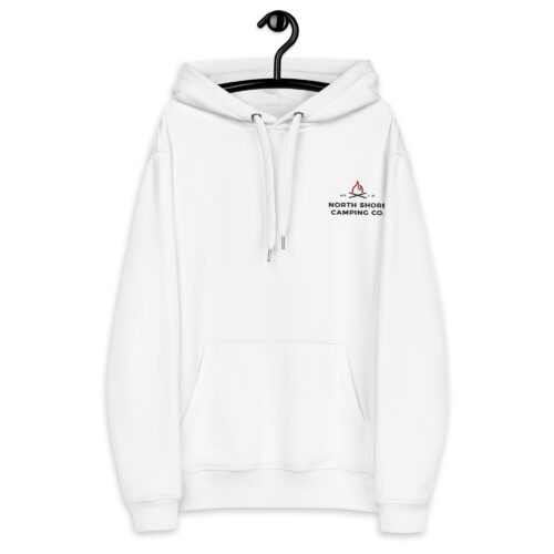 White hoodie with North Shore Camping Co. logo