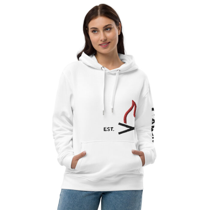 Woman wearing white hoodie with red flame design.