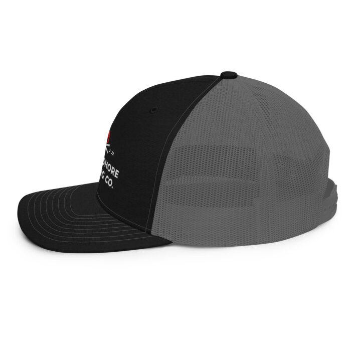 Black and gray mesh baseball cap with logo.