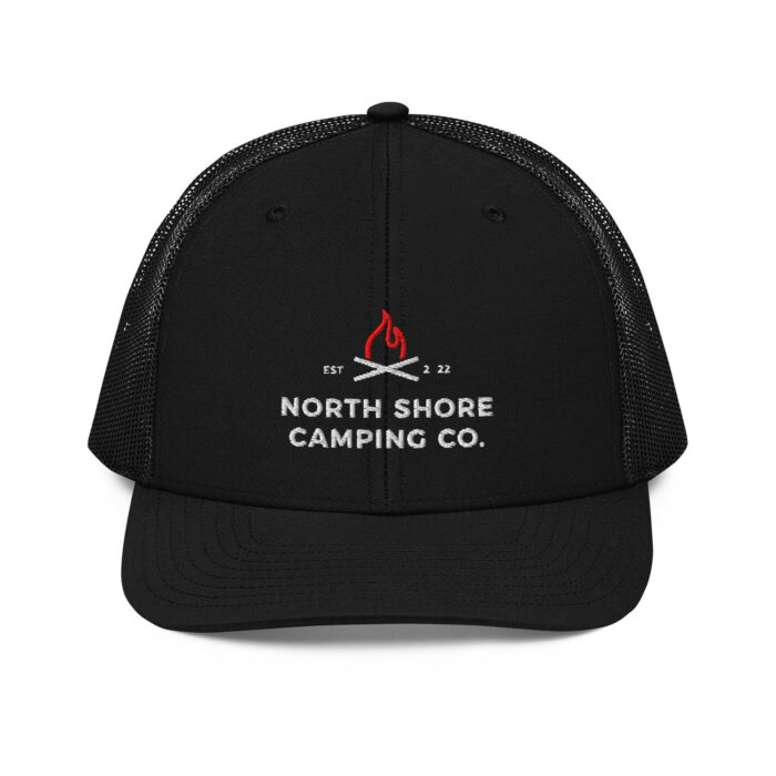 Black mesh trucker hat with camping logo