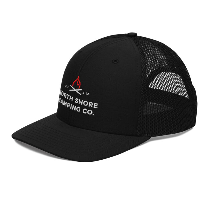 Black trucker hat with camping company logo.