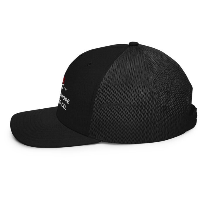 Black mesh trucker cap, left side view.
