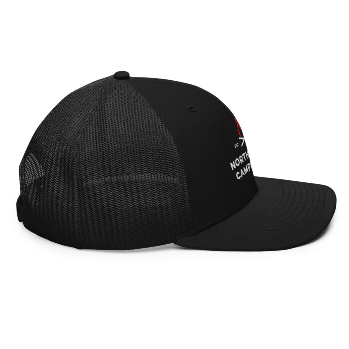 Black mesh trucker hat with camping logo.