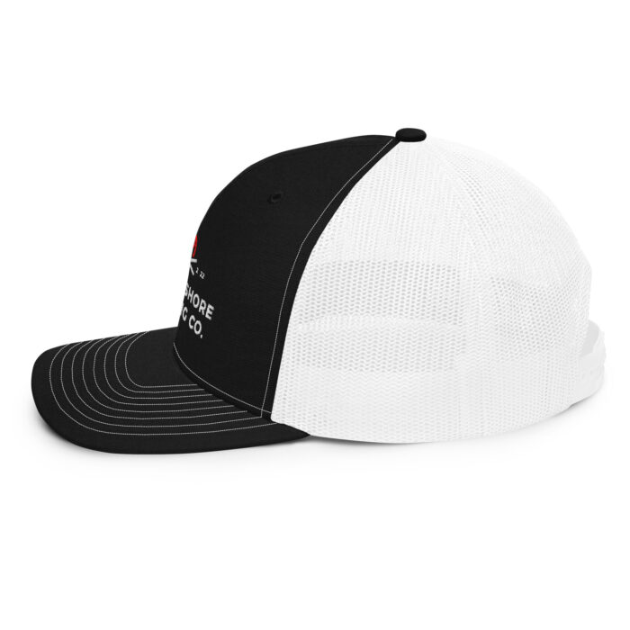 Black and white trucker cap side view