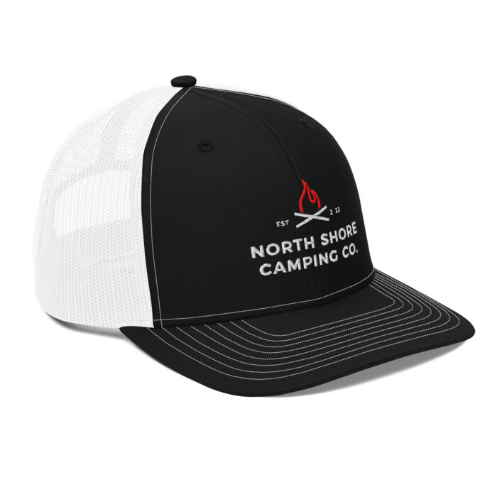 Black and white camping cap with logo embroidery.