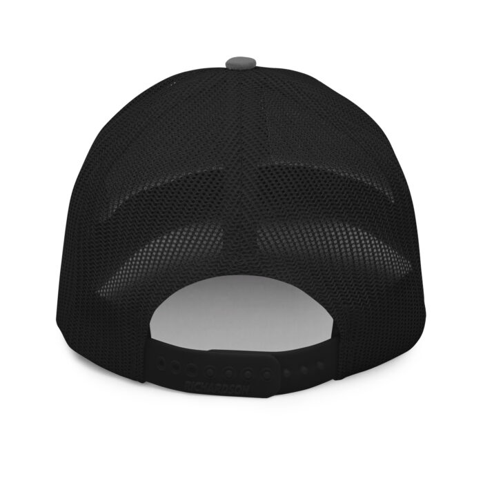 Back view of black mesh trucker cap.