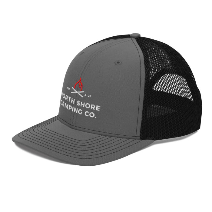 Gray trucker hat with camping logo.