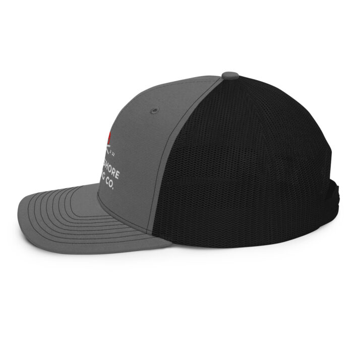 Gray and black trucker hat side view