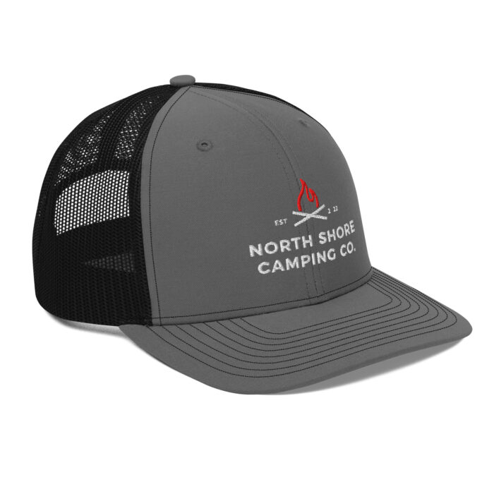 Gray camping cap with logo and mesh back.