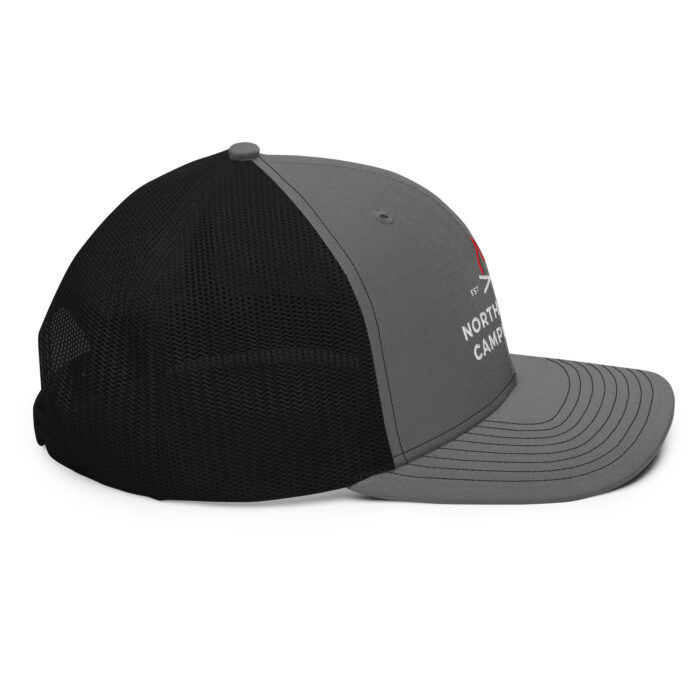 Gray and black mesh trucker cap side view