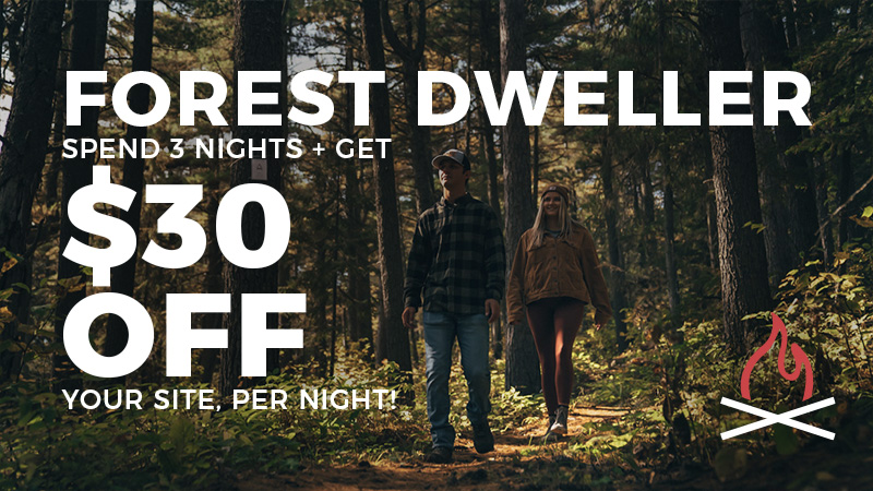 Forest camping discount offer, save $30 per night.