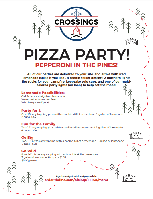 Pizza party details with menu options and prices.