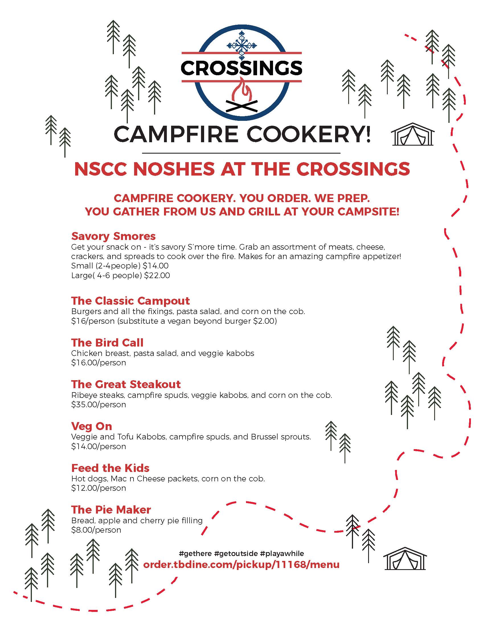 Campfire cooking menu with meals and prices.