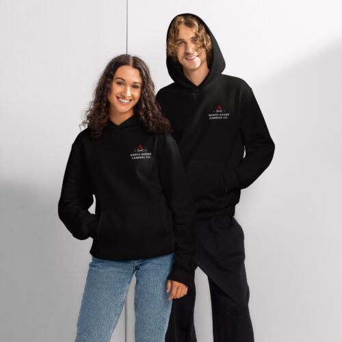 Two models wearing black camping hoodies