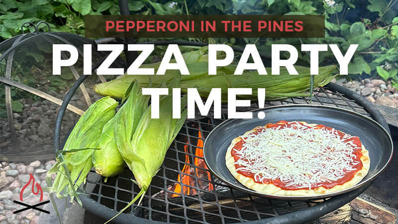 Outdoor pepperoni pizza party with corn grilling.