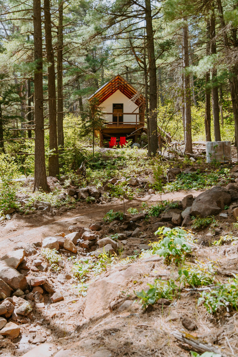 Cabin in a forest with red chairs outside.