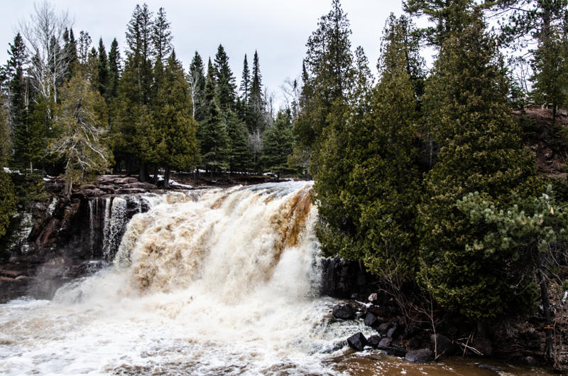 Rushing waterfall surrounded by evergreen trees.