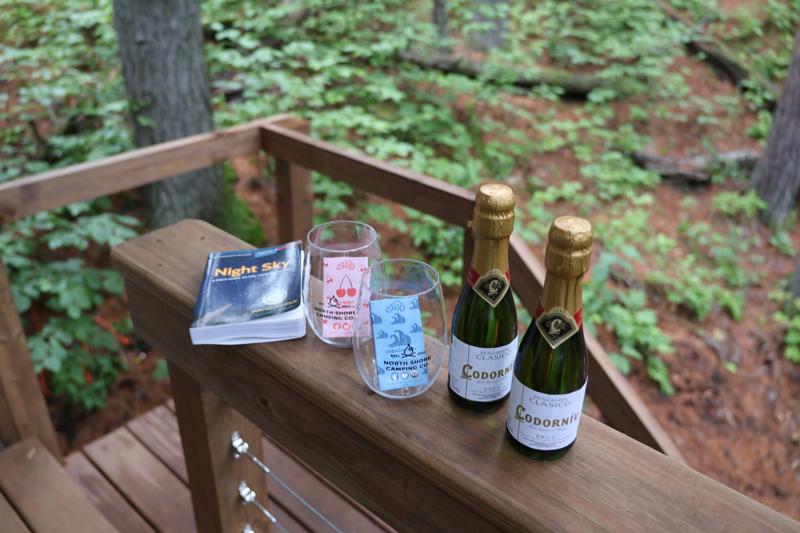 Champagne bottles and book on wooden deck.