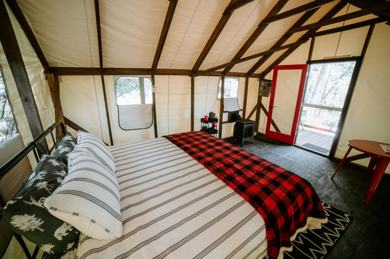 Cozy cabin interior with bed and plaid blanket.